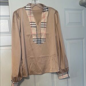 Plaid Accent Tan Blouse satin feel never worn tags just ripped off